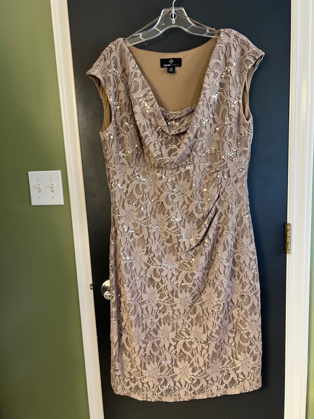 Ronni Nicole Taupe Lace Cowl Neck Midi Dress